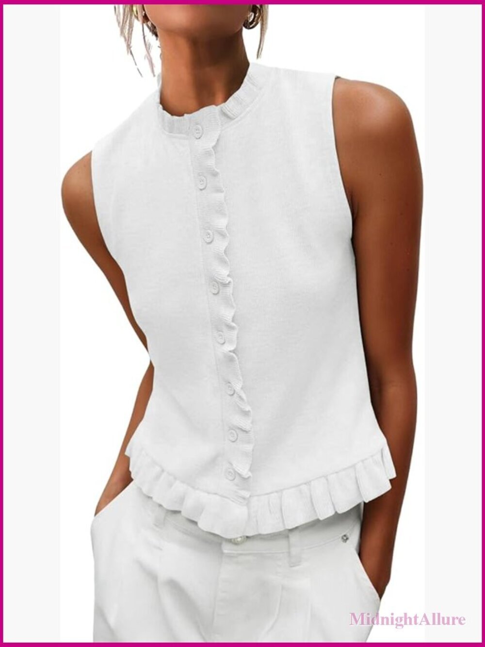 Sleeveless Sweater Vest Mockneck Button Down Ruffle Trim Summer Top